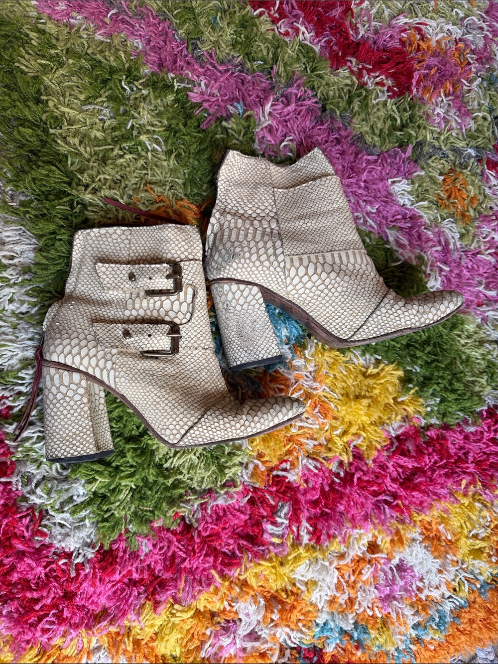 Freebird | 'Joey' Ivory White Snake-Embossed Buckle Ankle Booties